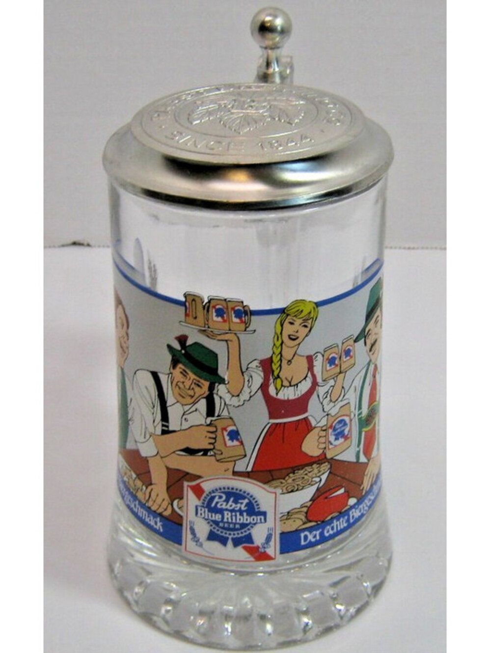 Pabst Blue Ribbon Glass Beer Stein Mug w/ Pewter Lid "Since 1844"